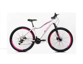 Bicicleta aro 29 Ksw Mwza Feminina 24v Alumínio Freio a Disco Garfo Suspensão Branca com Rosa Tam.17