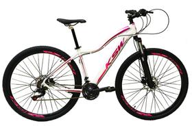 Bicicleta aro 29 Ksw Mwza Feminina 27v Freio Disco Hidráulico Garfo Trava Branca com Roxo e Rosa Tam.15 Alumínio