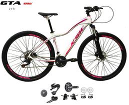 Bicicleta Aro 29 KSW MWZA Feminina Kit 2x9 Gta Sunrun Freio Disco K7 11/36 Pedivela 24/38d Garfo com Trava - Branco/Pink/Violeta