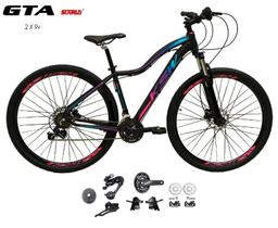 Bicicleta Aro 29 KSW MWZA Feminina Kit 2x9 Gta Sunrun Freio Disco K7 11/36 Pedivela 24/38d Garfo com Trava - Preto/Pink/Azul