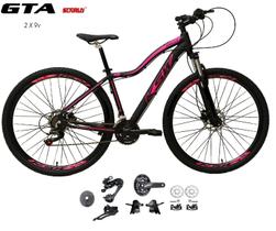 Bicicleta Aro 29 KSW MWZA Feminina Kit 2x9 Gta Sunrun Freio Disco K7 11/36 Pedivela 24/38d Garfo com Trava - Preto/Rosa