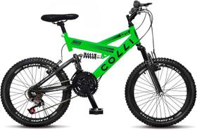 Bicicleta colli aro 20 gps dupla suspensao full freio v-brake 36r 21v marchas verde neon