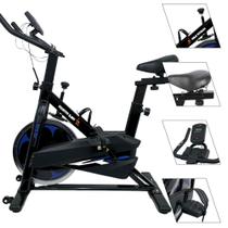Bicicleta Ergométrica Spinning Bike Profissional Preta e Azul Roda de Inercia 8 Kg Suporta 130kg Mecânica
