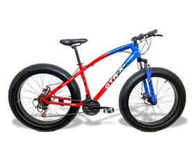 Bicicleta Fat Bike GTR-X Aro 26 Pneus 4.0 Freios a Disco Câmbios Shimano - Vermelha/Azul