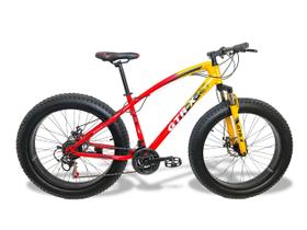 Bicicleta Fat Bike GTR-X Aro 26 Pneus 4.0 Freios a Disco Câmbios Shimano - Vermelha/Laranja