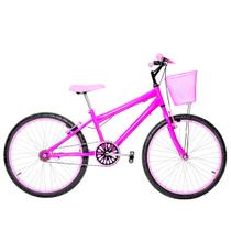 Bicicleta Feminina Aro 24 Alumínio Colorido Freios V-Brake Sem Marcha + Cesta e Descanso Lateral