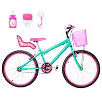 Bicicleta Feminina Aro 24 Alumínio Colorido Garrafinha Fon Fon Retrovisor + Cadeirinha de Boneca