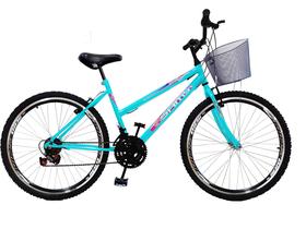 Bicicleta Feminina Aro 24 Azul Turquesa 18 Marchas Com Cesta
