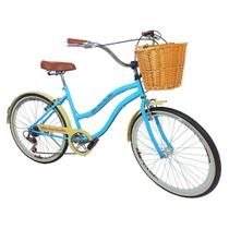 Bicicleta Feminina Aro 26 Adulto Retrô Cesta Vime Azul BB - Maria Clara Bikes