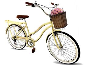Bicicleta feminina aro 26 cesta tpo vime retrô 6 marchas beg