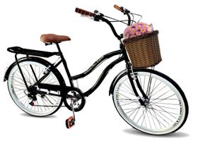 Bicicleta feminina aro 26 cesta tpo vime retrô 6 marchas pto