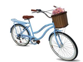 Bicicleta feminina aro 26 cesta tpo vime retrô 6v azulbbclar