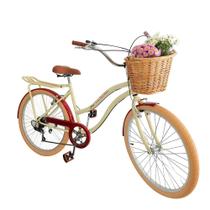 Bicicleta Feminina aro 26 cesta vime bagageiro 6v Bege Verm.