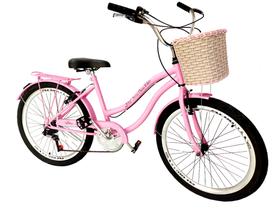 Bicicleta feminina aro 26 cestinha tipo vime 6 marchas rosa