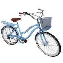 Bicicleta Feminina aro 26 com cesta 6 machas retrô azul bb - Maria Clara Bikes