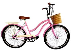 Bicicleta feminina aro 26 com cesta tipo vime s/ marcha rosa