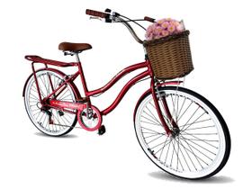 Bicicleta feminina aro 26 com cesta tpo vime retrô 6 marchas