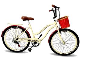 Bicicleta feminina aro 26 com cestinha tpo vime retrô 6v beg