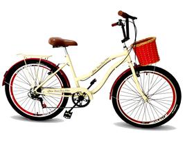 Bicicleta feminina aro 26 com cestinha tpo vime retrô 6v bg - Maria Clara Bikes