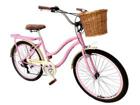 Bicicleta feminina aro 26 retrô 6 marchas vime bagageir rosa