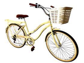 Bicicleta feminina aro 26 retrô 6v cesta grande bagageiro BG