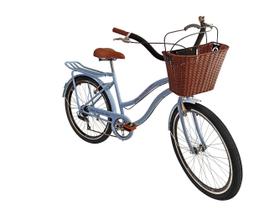 Bicicleta feminina aro 26 retrô 6v vime bagageiro azul