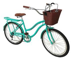 Bicicleta Feminina Aro 26 Retrô 6v Vime Bagageiro Verde