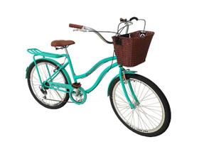 Bicicleta feminina aro 26 retrô 6v vime bagageiro verde