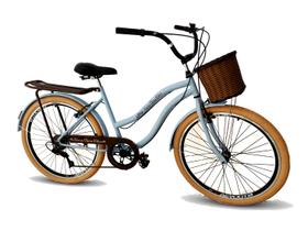 Bicicleta feminina aro 26 retrô cesta vime 6v azul bb claro