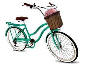 Bicicleta feminina aro 26 retrô com cesta tipo vime 6v verde