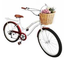 Bicicleta feminina aro 26 retrô com cesta vime 6 marchas bag