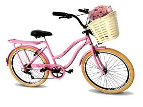 Bicicleta feminina aro 26 retrô com cestão 6 marchas rosa