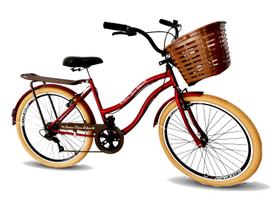Bicicleta feminina aro 26 retrô com cestão 6 marchas vermelh
