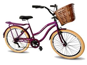 Bicicleta feminina aro 26 retrô com cestão 6 marchas violeta - Maria Clara Bikes