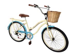 Bicicleta feminina aro 26 retrô vime 6 marchas garupa bege