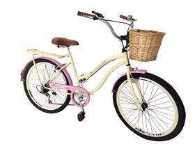 Bicicleta feminina aro 26 retrô vime 6 marchas garupa bege