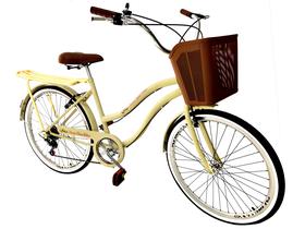 Bicicleta feminina Aro 26 urbana Retrô cesta 6 marchas Bege