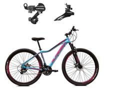 Bicicleta Feminina aro 29 Alfameq Pandora Alumínio 21 Marchas Câmbios Shimano Freio a Disco - Azul/Rosa