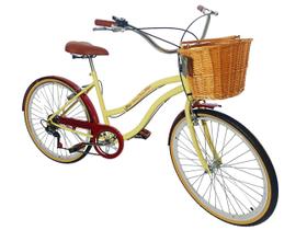Bicicleta Feminina retrô aro 26 com cesta de vime 6v Bege