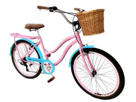Bicicleta feminina retrô aro 26 vime 6v garupa rosa c/ azul