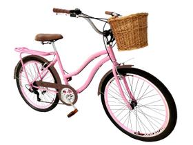 Bicicleta feminina retrô aro 26 vime 6v garupa rosa c/ marro - Maria Clara Bikes