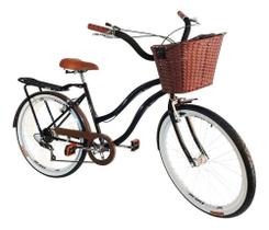 Bicicleta Feminina Retrô Urbana Aro 26 C/ Cesta Preta Marrom