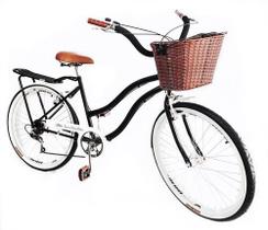 Bicicleta Feminina Retrô Urbana Aro 26 C/ Cesta Preto Branco