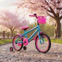 Bicicleta infantil aro 16 reforçada bmx aro alumínio raiado cor:azul celeste/pink