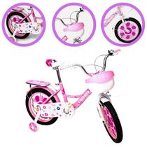 Bicicleta Infantil Aro 16" Rosa Princesas Unitoys Com Rodinhas De Treinamento Cesto e Garupa Crianças Até 50Kg