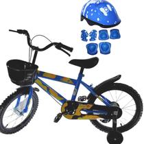 Bicicleta Infantil Azul Aro 16 Com Cestinha E Kit Proteção