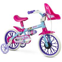 Bicicleta Infantil Barbie Aro 12 Guidão Regulável Cadeirinha Boneca Rodinhas Removíveis Selim C/ Altura Ajustável Freio Tambo