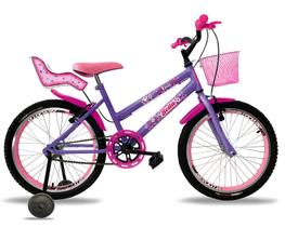 Bicicleta infantil fem. aro 20 aero c/ cadeirinha de boneca e roda lateral lilas