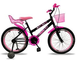 Bicicleta infantil fem. aro 20 aero c/ cadeirinha de boneca e roda lateral preta
