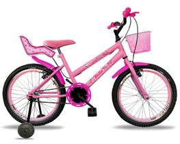 Bicicleta infantil fem. aro 20 aero c/ cadeirinha de boneca e roda lateral rosa